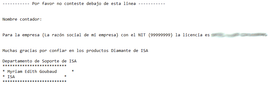 Ejemplo de email de licencia Diamante Contador